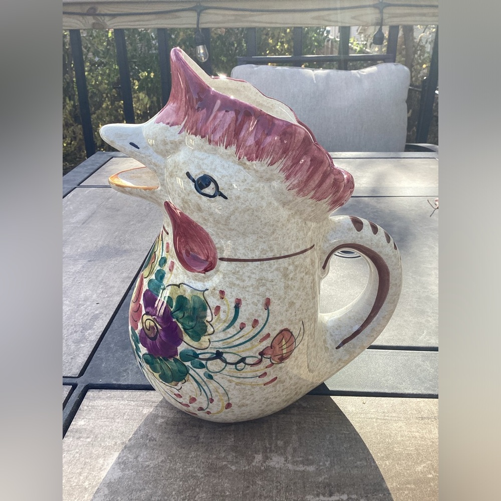 Vintage Ceramic Chicken/Rooster Water Pitcher Hand Painted And Made In Italy?